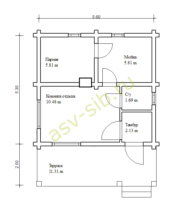 Планировка бани из профилированного бруса, проект Д-37.