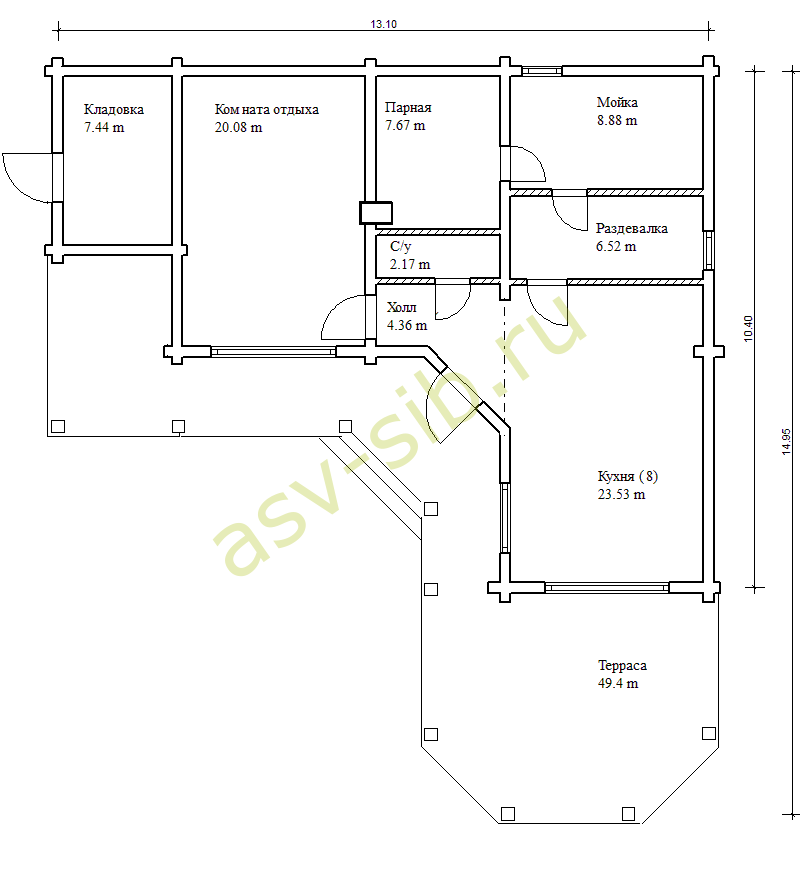 Планировка бани из клеёного бруса с большой террасой, проект Д-81.