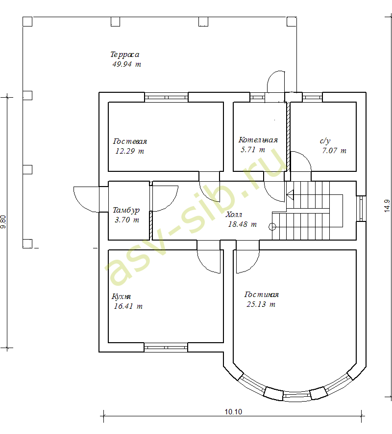 Планировка первого этажа дома из кирпича с террасой, проект К222-169